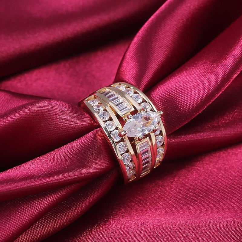 Hsitgexf Wedding Ring Set for Women 14K Gold Plated Marquise Cut CZ Engagement Rings Bridal Set Anniversary Promise Wideband Rings for Her - Image 4
